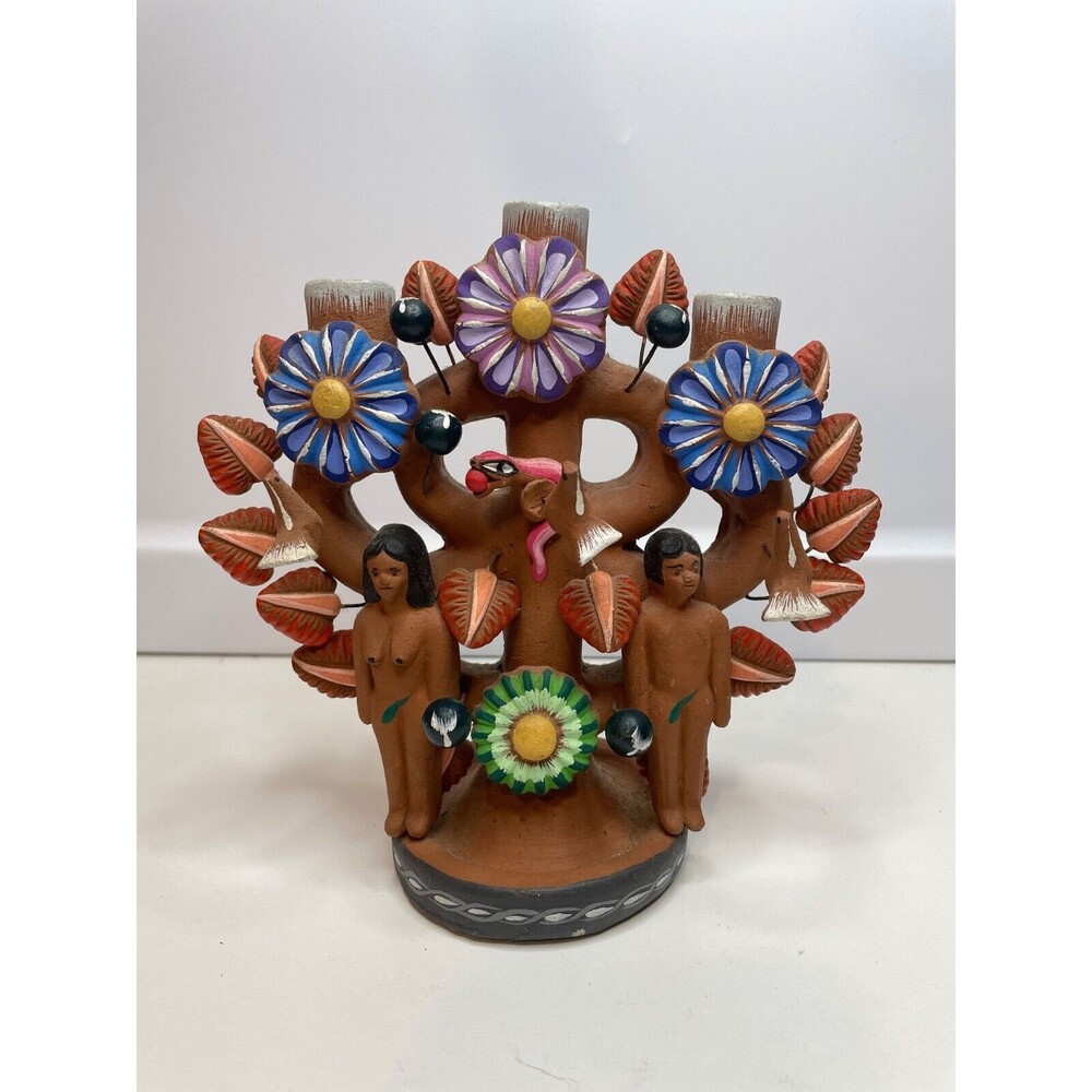 Vintage Mexican Pottery Folk Art Adam & Eve Tree Of Life Candelabra 6"X6.5"